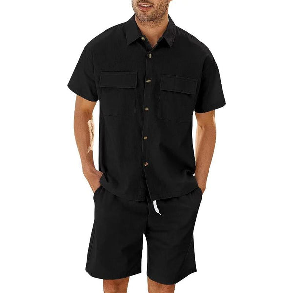 Men's Casual Solid Color Cargo Short Sleeved Shirt And Shorts Set 50375509Y