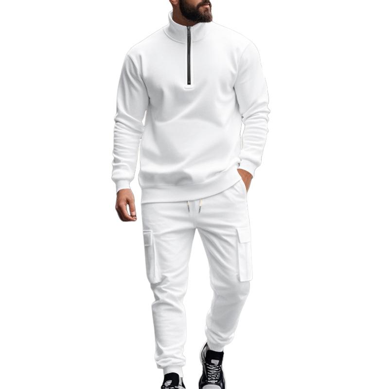 Men's Solid Color Casual Plush Warm Zipper Stand Collar Sweatshirt Sweatpants Set 08038864Y