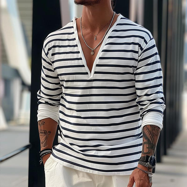 Men's Navy Style Striped V Neck Long Sleeve T-shirt 51023897Z