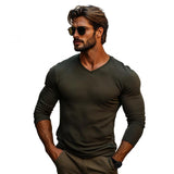 Men's Casual V-neck Waffle Slim Fit Long Sleeve T-shirt 23716209M