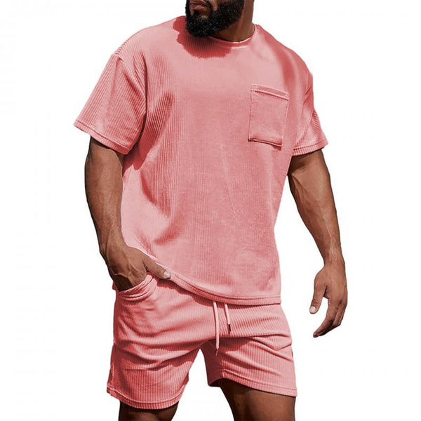 Men's Thin Corduroy Round Neck T-Shirt Shorts Set 04943908Y