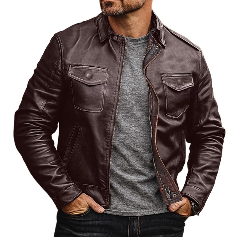 Men's Vintage Lapel Leather Motorcycle Jacket 38226954Y