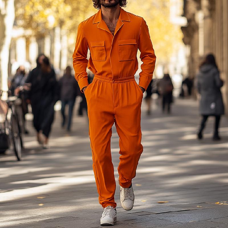 Men's Stylish Orange Lapel Long Sleeve Jumpsuit 67782954F