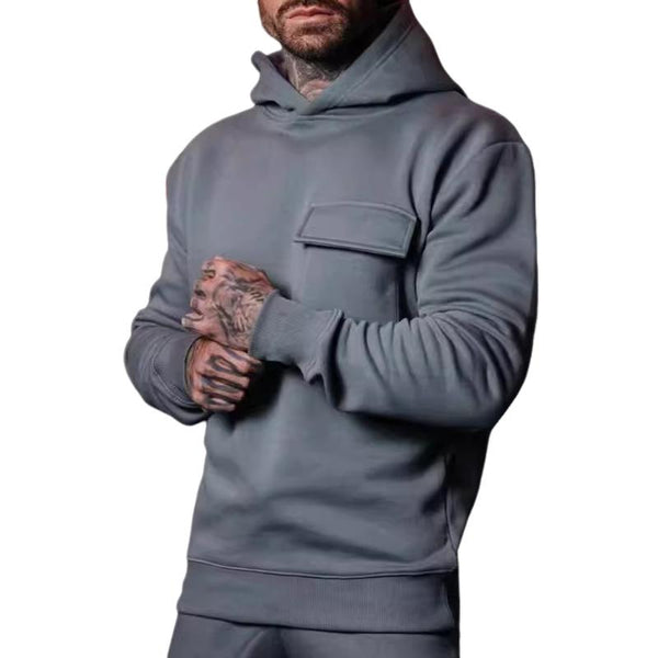 Men's Solid Color Loose Chest Pocket Long Sleeve Hoodie 94421177Z