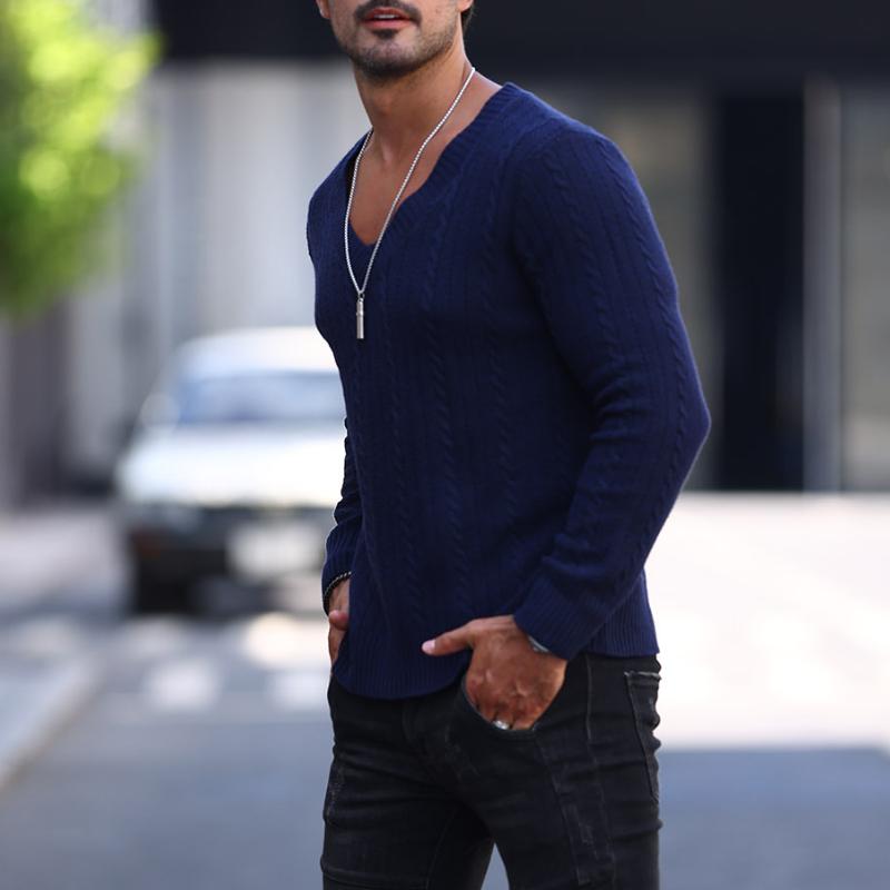 Men's Solid Color Knitted V-Neck Sweater 00387998Y