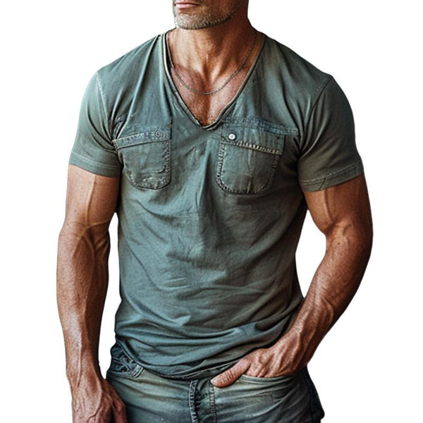 Men's V-neck Multi-pocket Short-sleeved T-shirt 24691739X