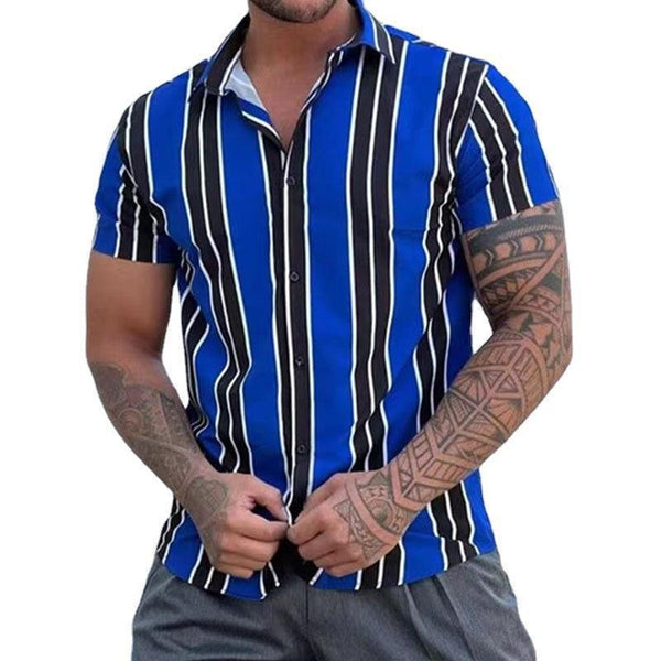 Men's Striped Lapel Short Sleeve Beach Shirt 12894670Z
