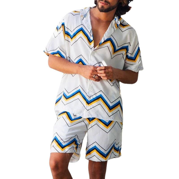 Men's Striped Print Short Sleeve Shirt Shorts Set 59334481Y