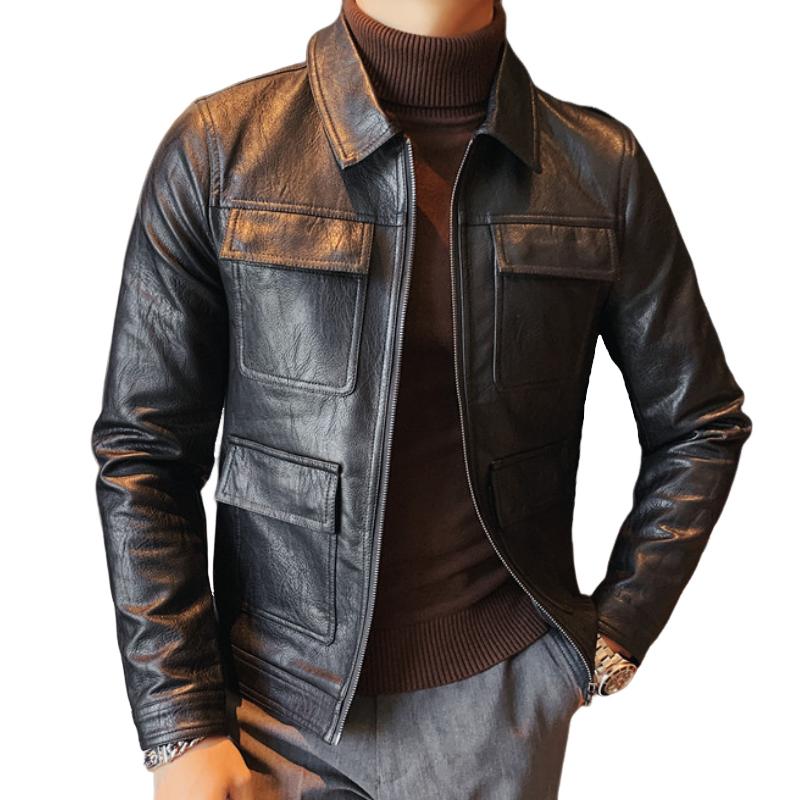 Men's Vintage Casual Leather Zipper Pocket Jacket 19321502TO