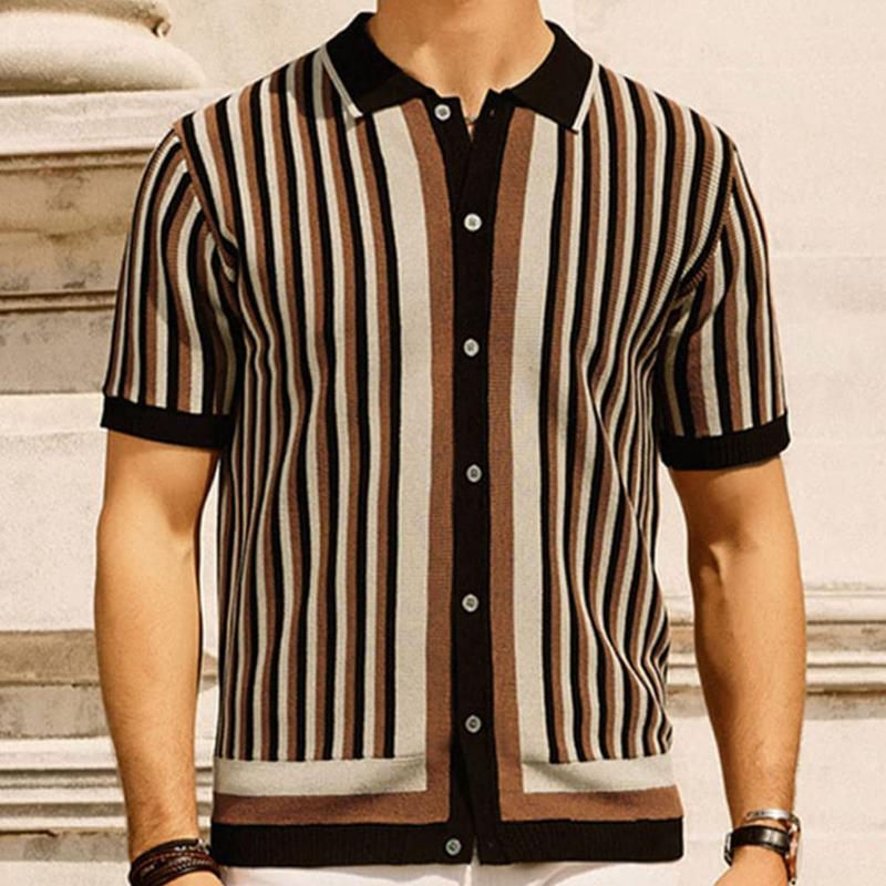 Men's Casual Ice Silk Striped Knitted Lapel Short-Sleeved Cardigan 08944932M