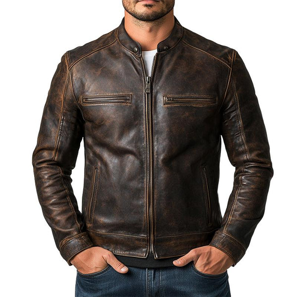 Men's Vintage Distressed Zipper Leather Jacket 57298921U