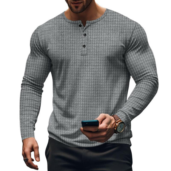 Men's Solid Waffle Button-Down Crew Neck Long Sleeve T-Shirt 40989009Y