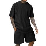Men's Solid Striped Round Neck Short Sleeve T-shirt Shorts Set 70956938Z
