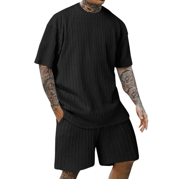 Men's Solid Striped Round Neck Short Sleeve T-shirt Shorts Set 70956938Z