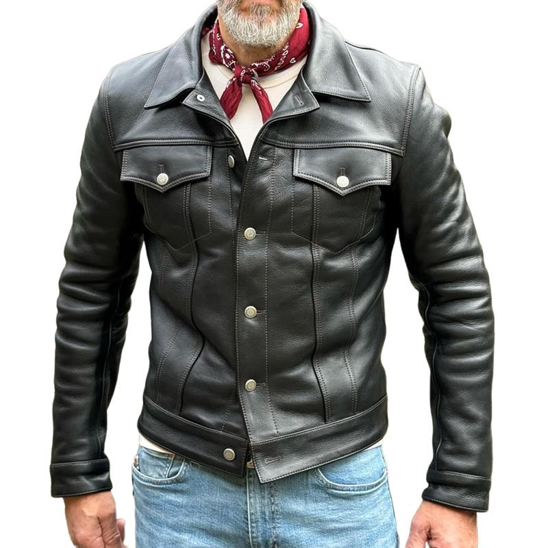 Chaqueta casual de cuero vintage con solapa y bolsillo en el pecho para hombre, de un solo pecho, 33084088Z