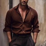 Men's Solid Cotton And Linen Lapel Long Sleeve Shirt 08947426Z