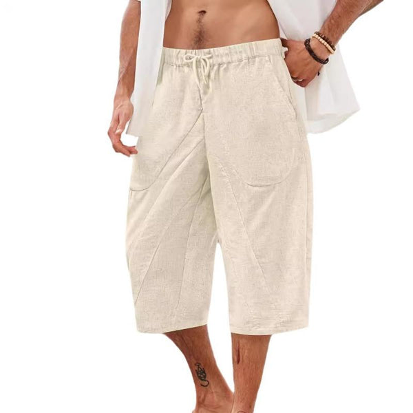 Men's Casual Cotton Linen Elastic Waist Solid Color Loose Shorts 60401806M