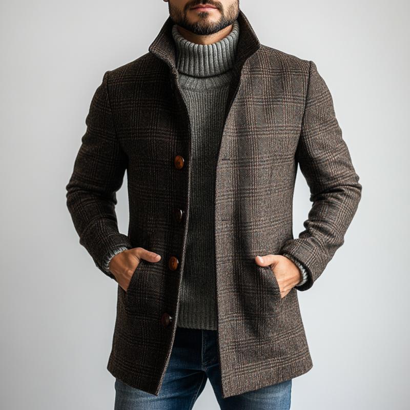 Men's Retro Plaid Woolen Single-Breasted Mid-Length Coat 83074738Y