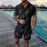 Men's Casual Printed Zipper Lapel Short-sleeved T-shirt Sports Shorts Set 93550298M
