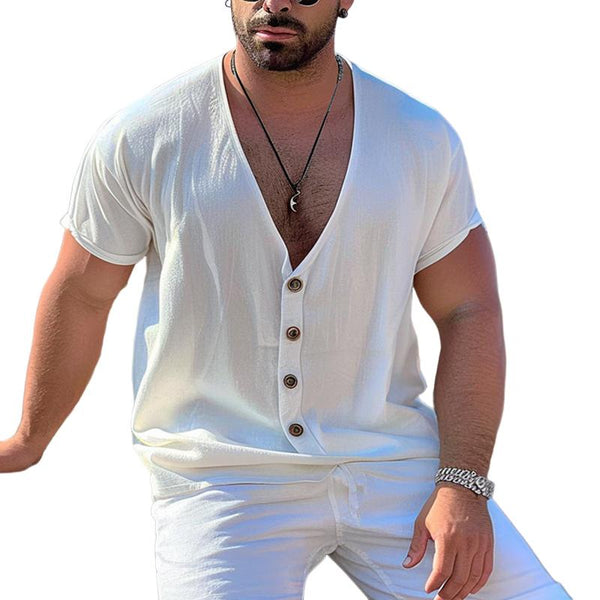 Men's V-neck Solid Color Single-breasted Shirt 31138545X