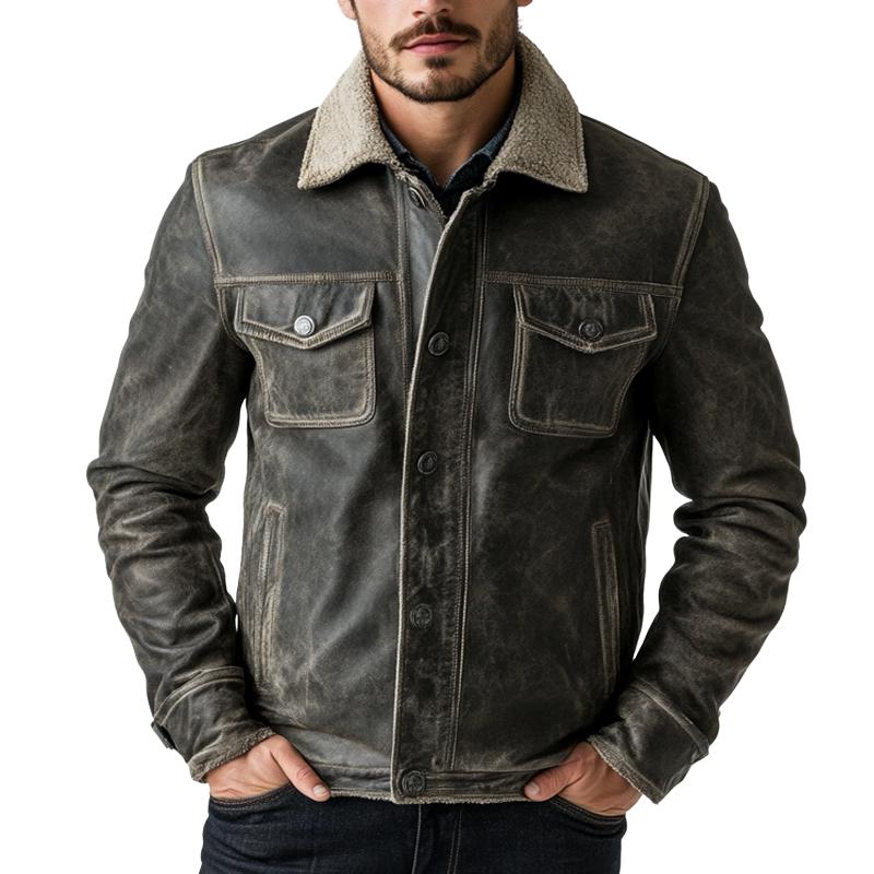 Men's Distressed Lambswool Lining Leather Jacket 98378881U