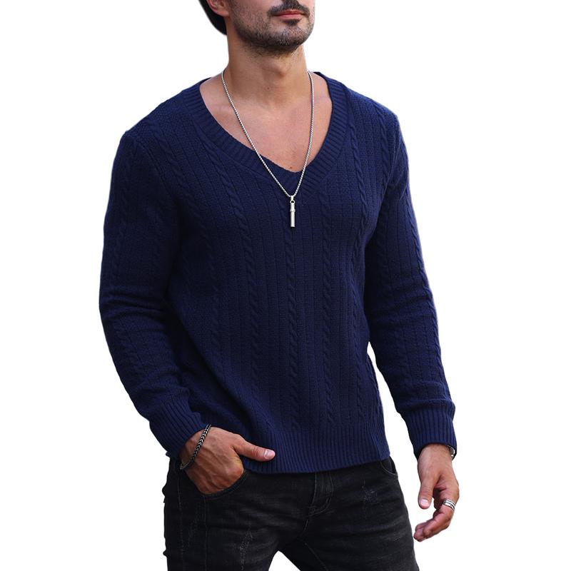 Men's Solid Color Knitted V-Neck Sweater 00387998Y