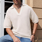 Men's Solid Knit Loose Lapel Short Sleeve Polo Shirt 21748940Z