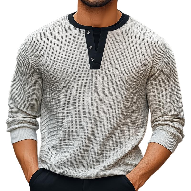 Men's Colorblock Waffle Henley Collar Long Sleeve T-shirt 58730011Z