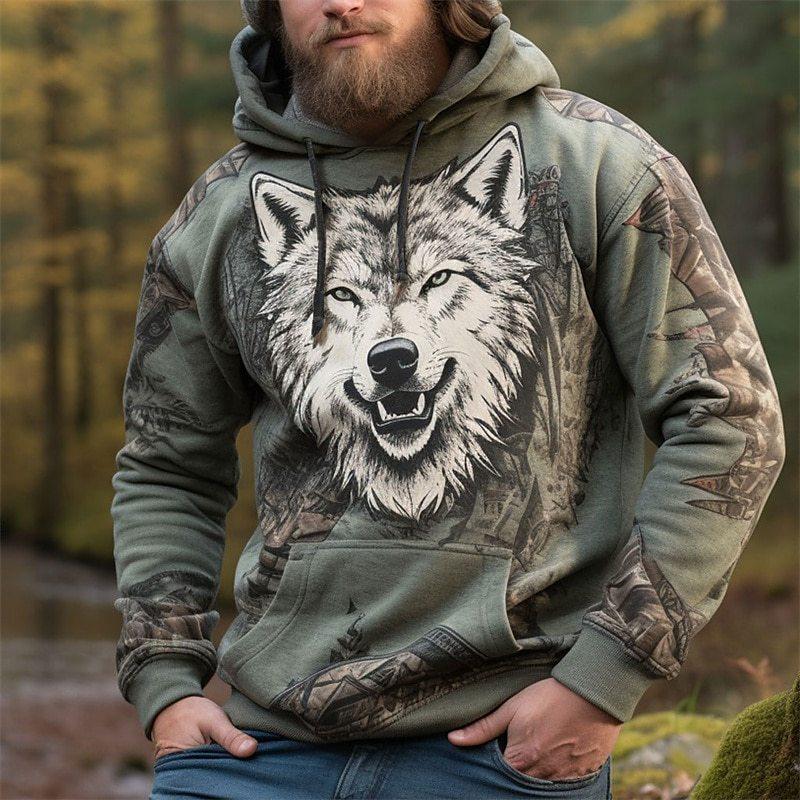 Men's Wolf Print Loose Sports Casual Hoodie 47965749Z