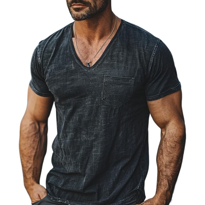 Camiseta informal de manga corta desgastada, resistente y con cuello en V para hombre 38027677M