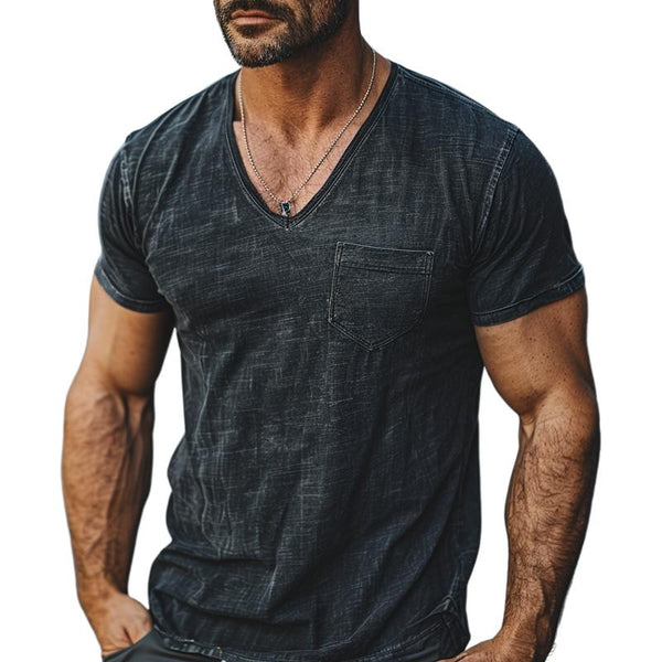 Men's Casual V-neck Heavy Duty Washed and Distressed Short-sleeved T-shirt 38027677M