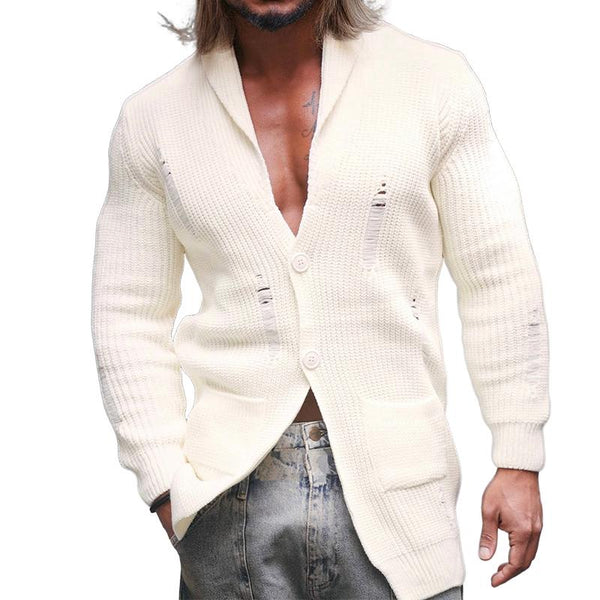 Men's Retro Casual Solid Color Ripped Lapel Sweater Cardigan 50299364TO