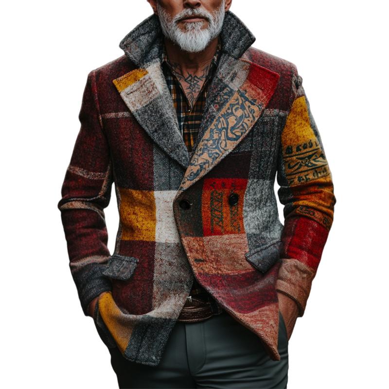 Veste à carreaux en tweed décontractée rétro pour homme, style ethnique imprimé 78526897TO