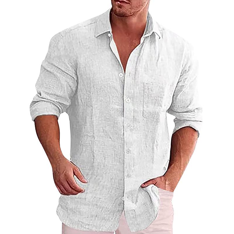 Camisa informal de lino de manga larga con solapa lisa y botonadura sencilla para hombre 16898700Z