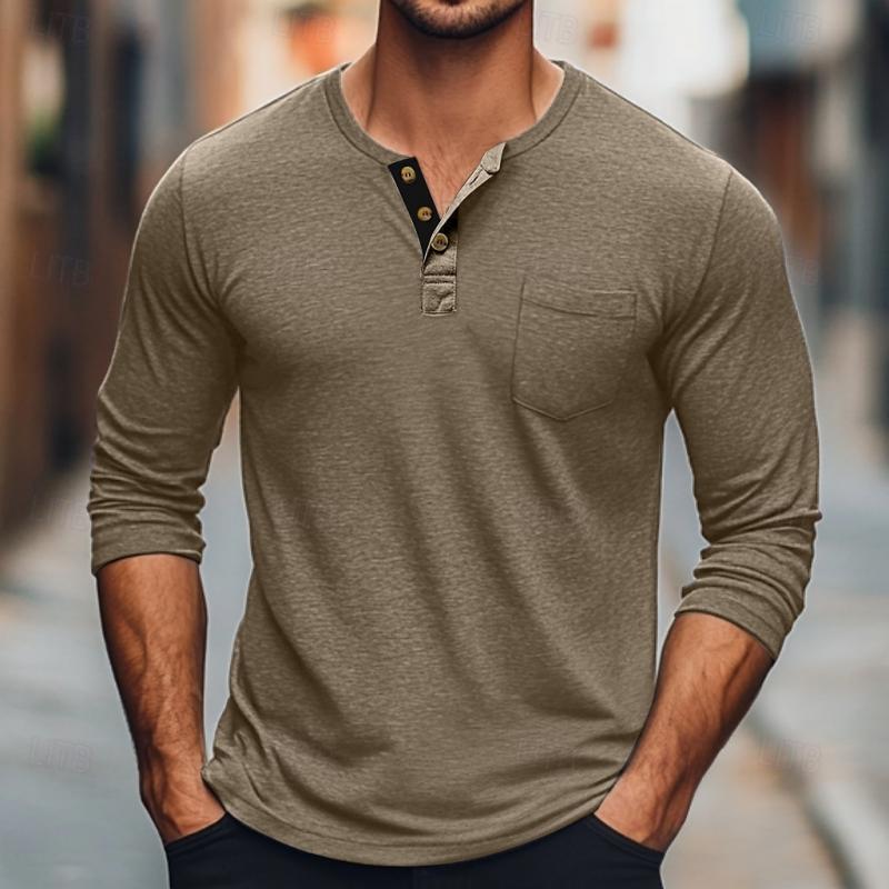 Men's Solid Color Button Round Neck Long Sleeve T-Shirt 64559660Y