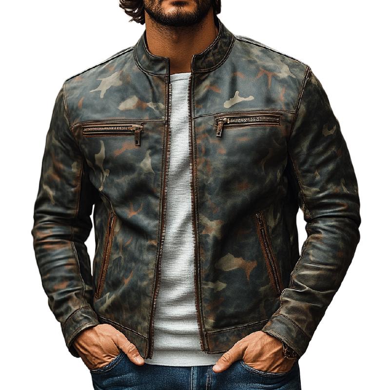 Men's Stylish Camouflage Zipper Leather Jacket 11353900F