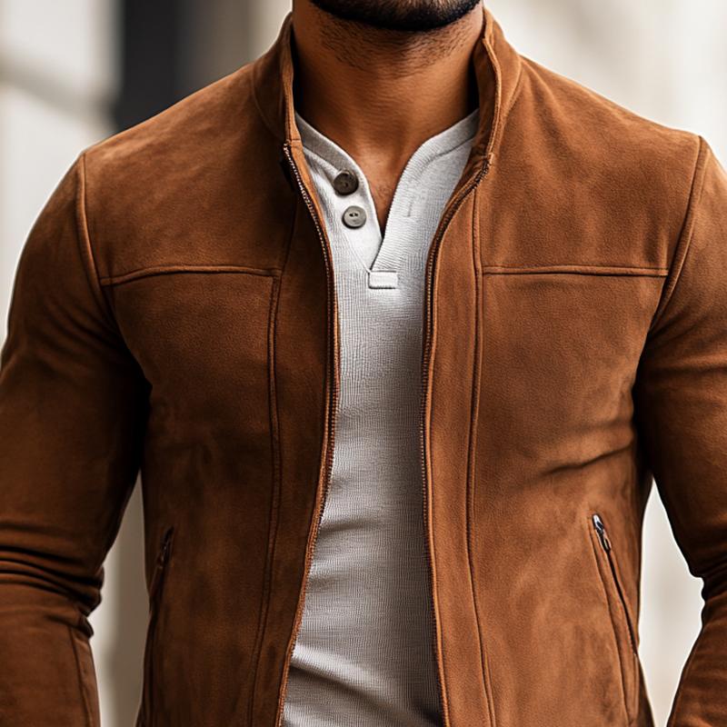 Men's Fashion Solid Color Suede Stand Collar Zipper Jacket 83562512Z