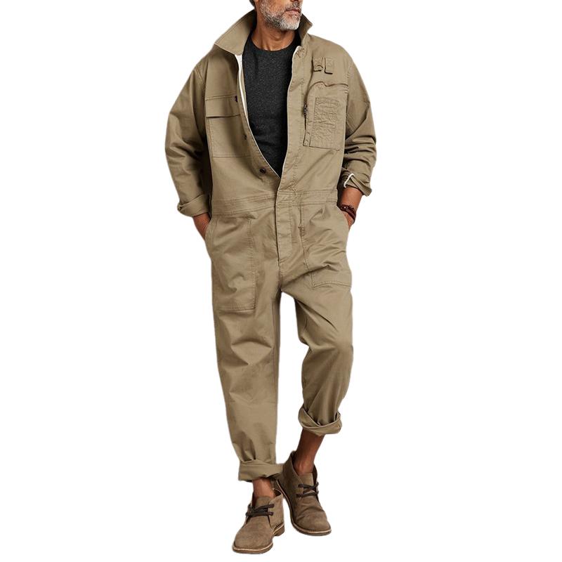 Men's Solid Color Cotton Lapel Long Sleeve Multi-pocket Cargo Jumpsuit 44670523Z