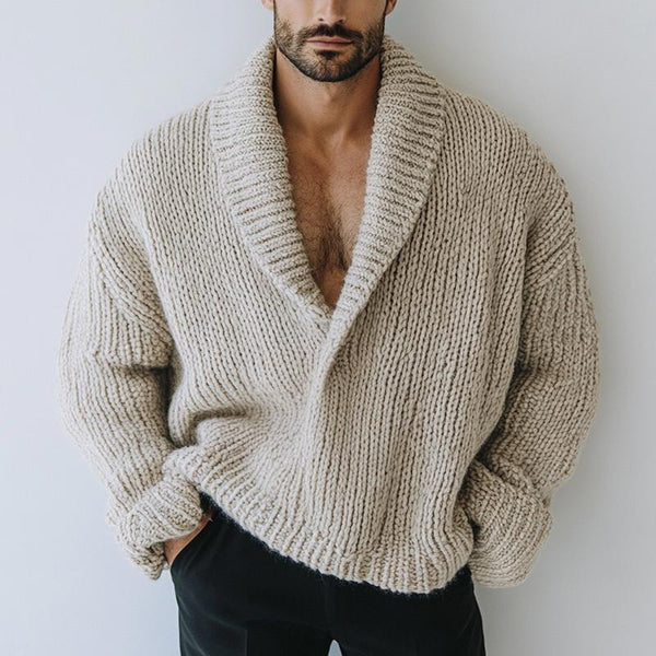 Men's Fashion Oversize Style Solid Color Lapel Long Sleeve Casual Knit Sweater 16200506Z