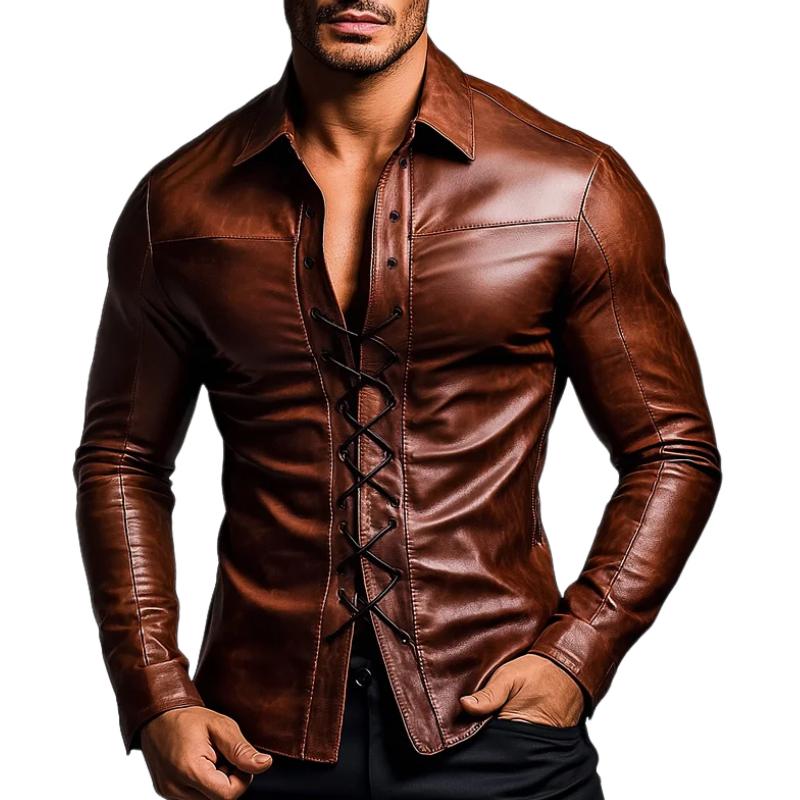 Men's Vintage Lapel Drawstring Leather Shirt 09449619F