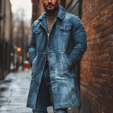 Men's Retro Mid-Length Lapel Washed Denim Jacket 46500369F