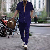 Men's Solid Striped Lapel Short Sleeve Shirt Trousers Casual Set 17143891Z