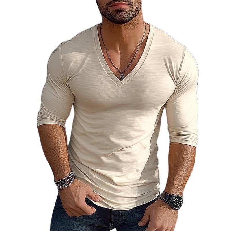 Men's Casual Cotton V-neck Slim Fit Long Sleeve T-shirt 12846632M