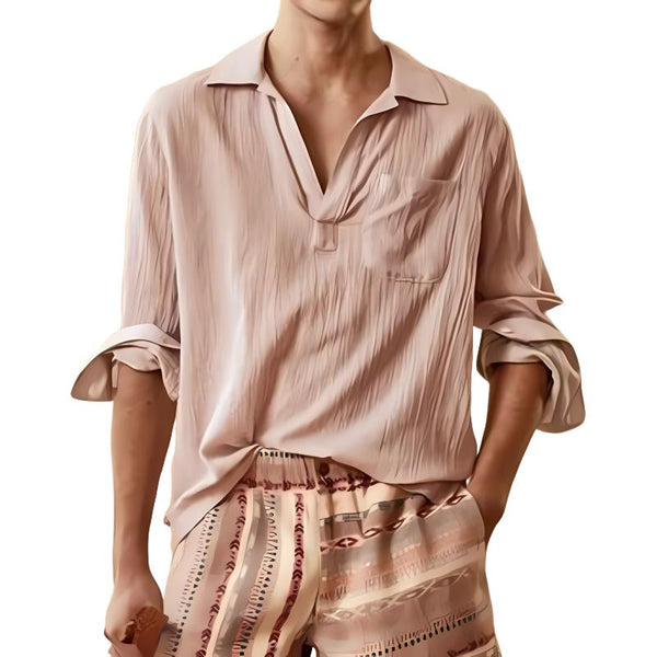Men's Casual Cotton Linen Lapel Loose Pullover Long-sleeved Shirt 25112344M