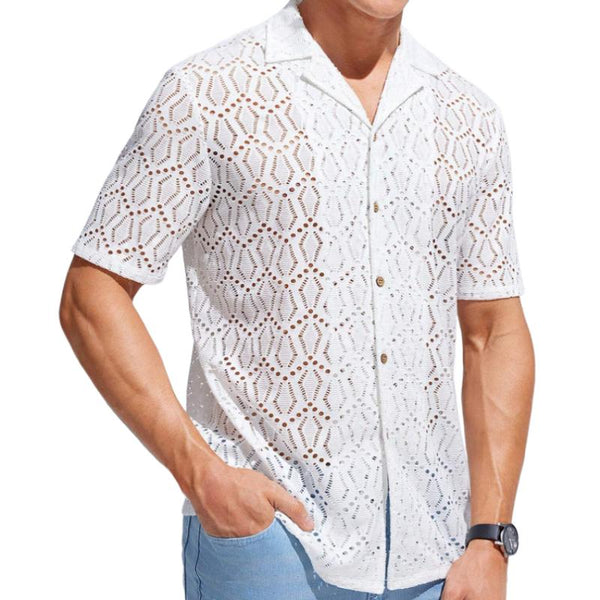 Men's Casual Solid Color Hollow Cuban Collar Short Sleeve Shirt 46231403Y