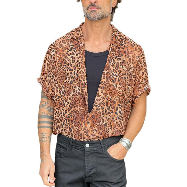 Men's Leopard Print V-Neck Short Sleeve Shirt 94044330Y