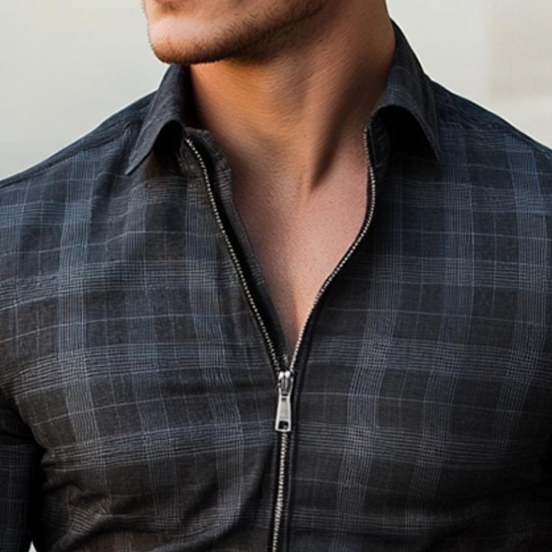 Men's Retro Casual Plaid Lapel Zipper Long Sleeve Shirt 29046508TO