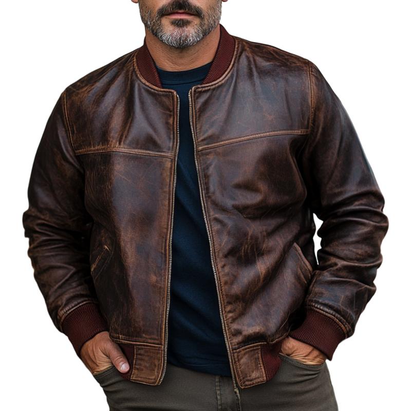 Men's Casual Baseball Collar Leather Jacket 42414451F