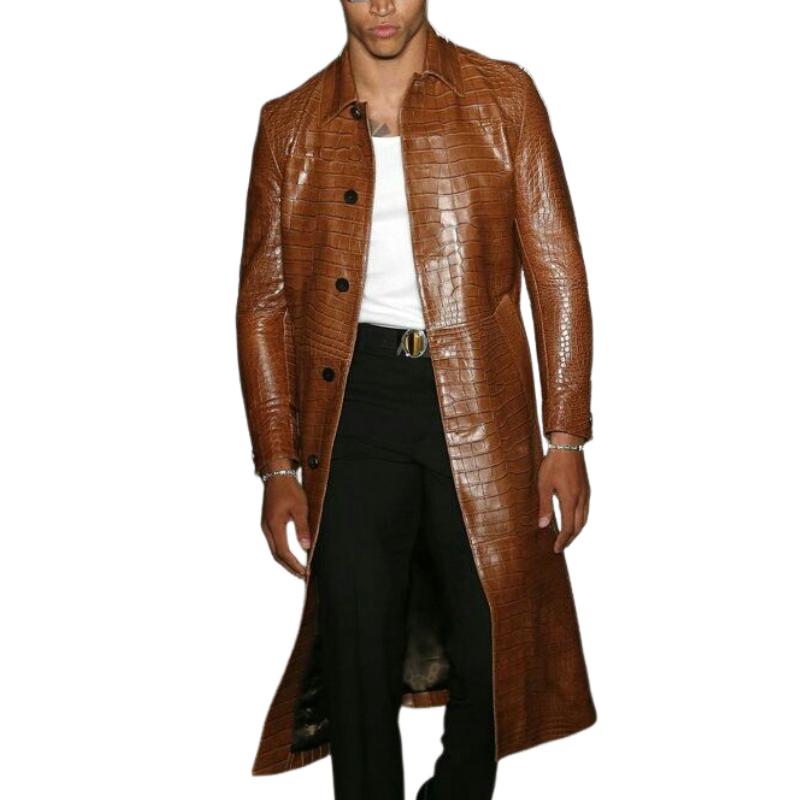 Men's Vintage Mid-length Lapel Croc-effect Leather Coat 35477830F