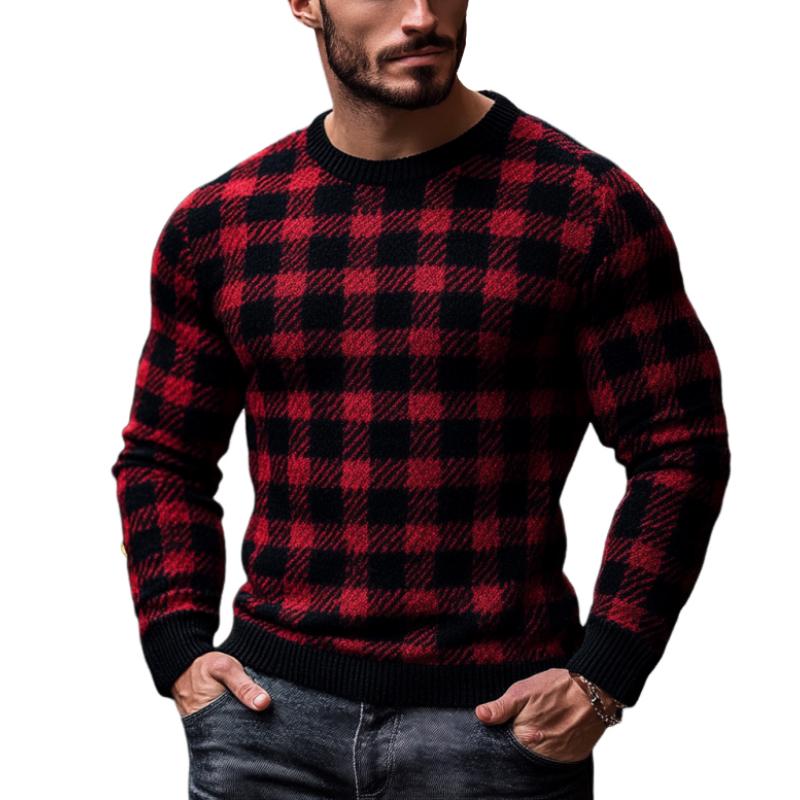 Men's Christmas Red and Black Check Crew Neck Slim Fit Sweater 61536745Y